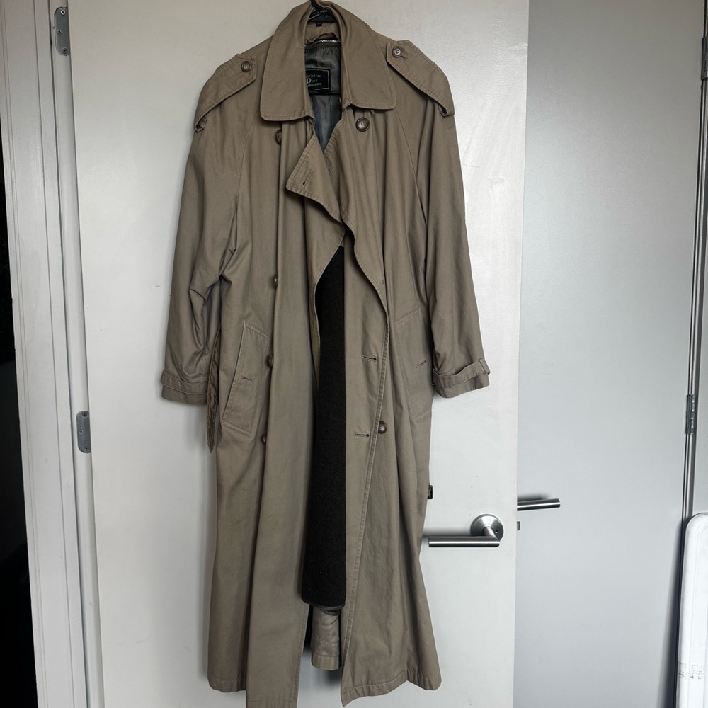 Vintage Christian Dior Monsieur Wool Blend Trench Coat in Khaki Belted Size 34R
